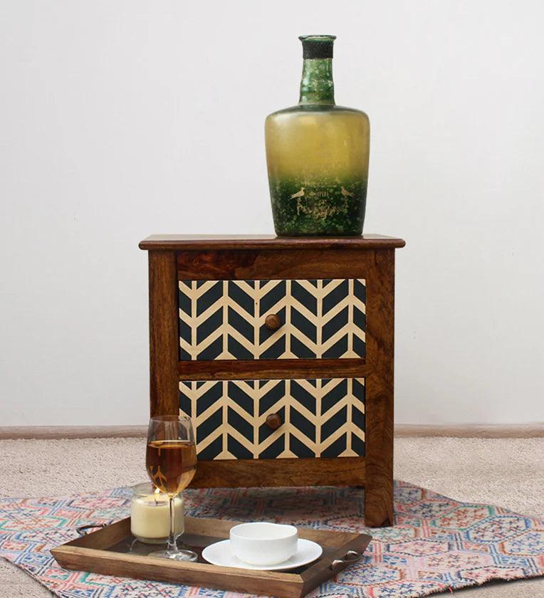 Sheesham Wood Bedside Table in Teak Finish with Drawers - Ouch Cart