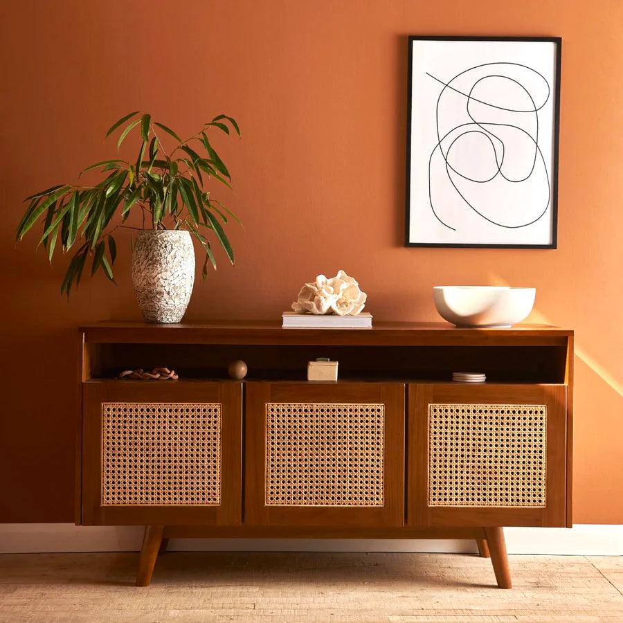 TEAK WOOD & RATTAN TV UNIT - Ouch Cart