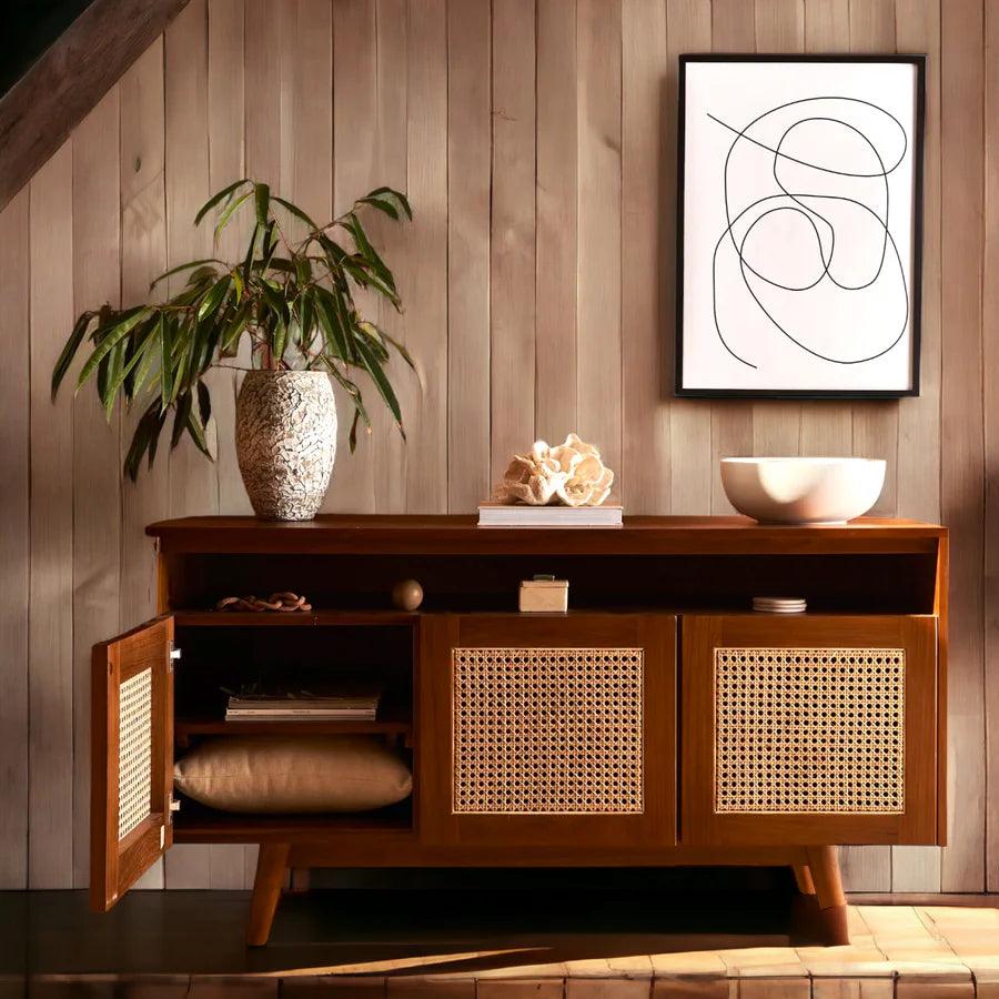 TEAK WOOD & RATTAN TV UNIT - Ouch Cart