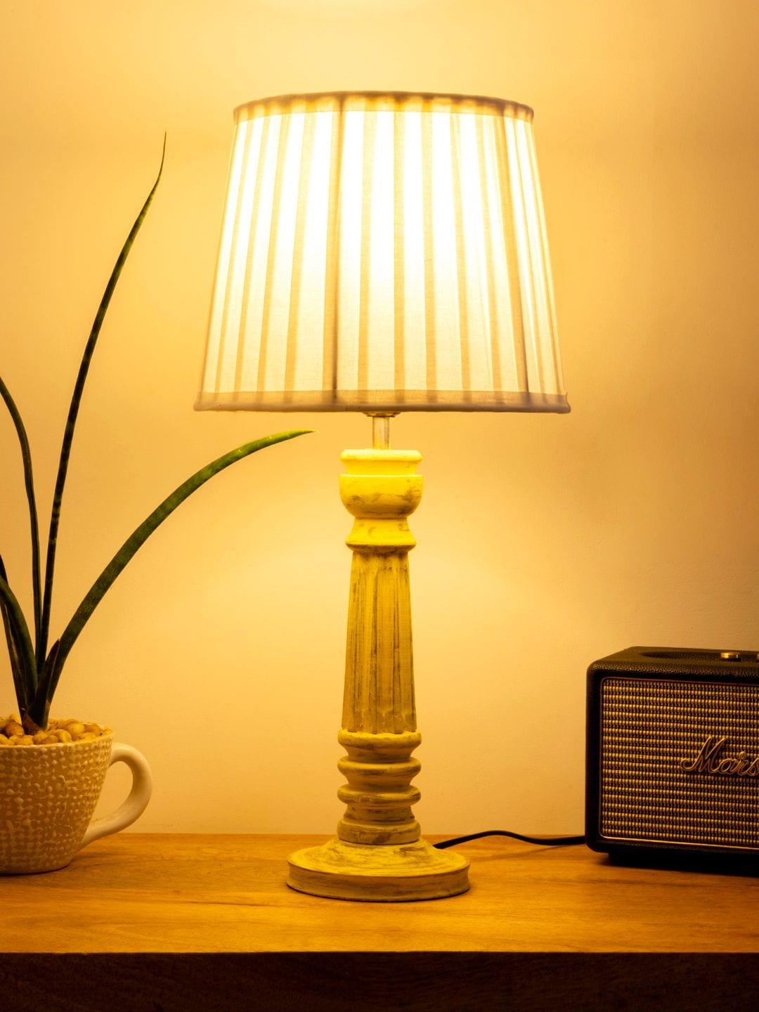 Wooden Pillar Yellow lamp with pleeted White Soft Shade - Ouch Cart