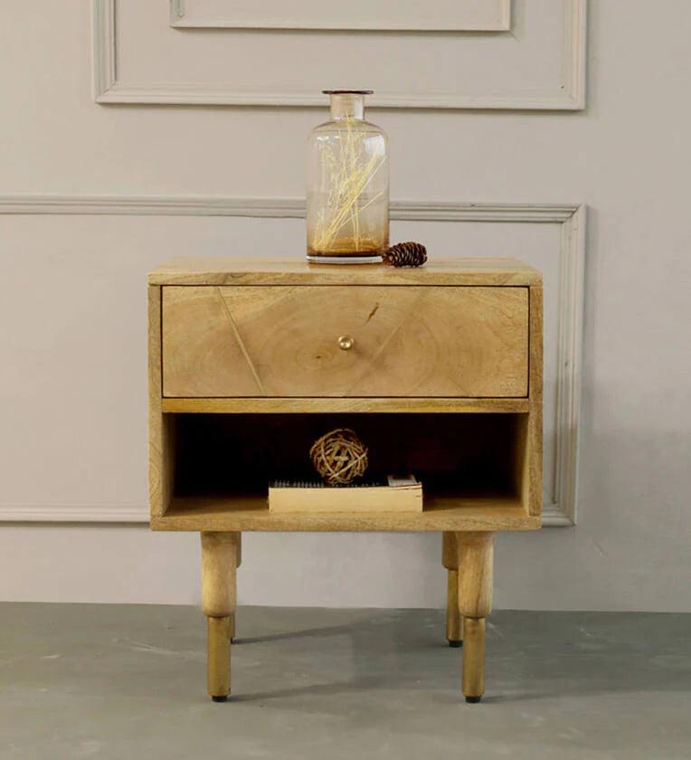 Solid Wood Bedside Table In Natural Finish - Ouch Cart