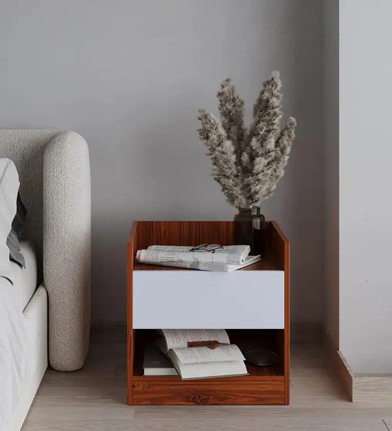 Bedside Table in Natural Teak & Cold White Finish - Ouch Cart