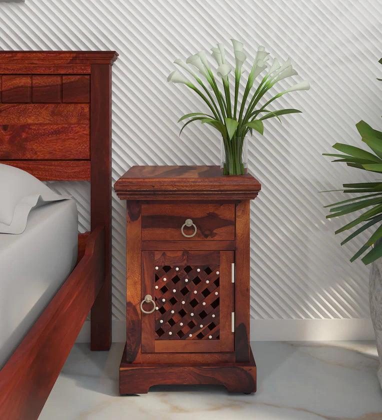 Sheesham Wood Lhs Bedside Table In Scratch Resistant Honey Oak Finish With Drawers - Ouch Cart