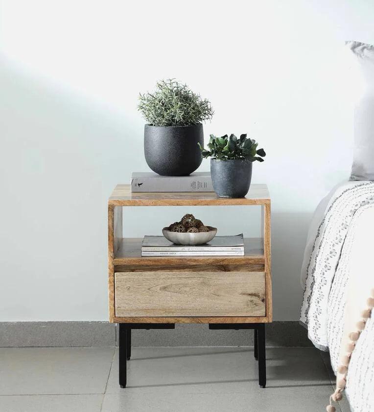 Solid Wood Bedside Table In Scratch Resistant Natural Finish With Drawer - Ouch Cart