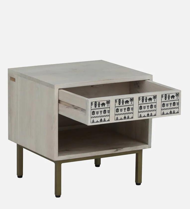 Solid Wood Bedside Table In Whitewash Finish With Drawer - Ouch Cart