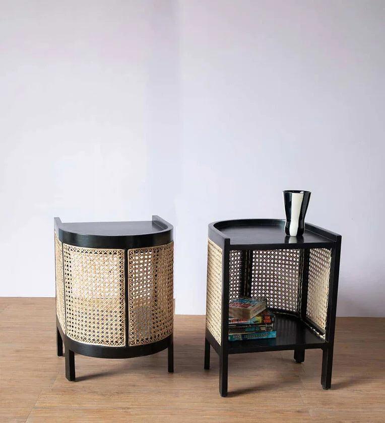 Wicker Solid Wood Bedside Table In Black Finish - Ouch Cart