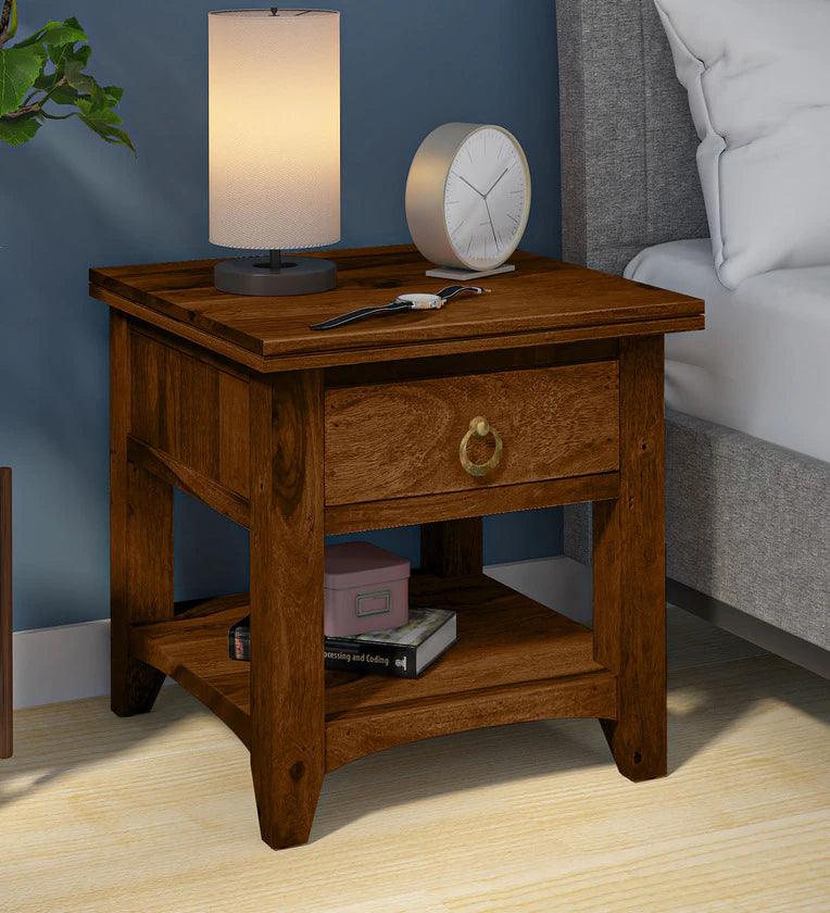 Sheesham Wood Bedside Table in Scratch Resistant Provincial Teak Finish With Drawer - Ouch Cart