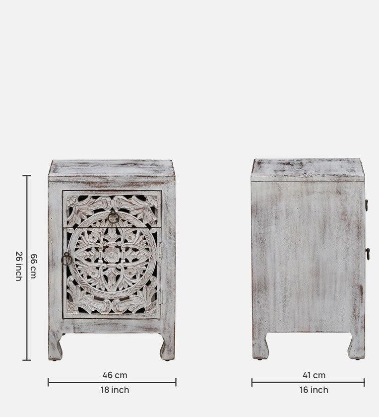 Solid Wood Bedside Table In White Distress Finish - Ouch Cart