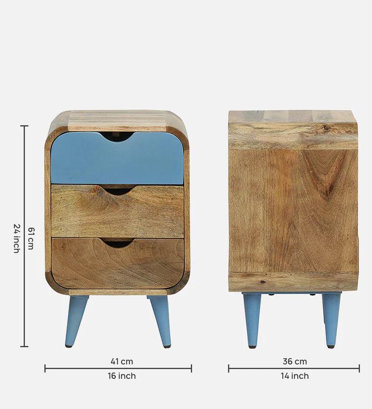 Solid Wood Bedside Table In Blue Colour With Drawers - Ouch Cart