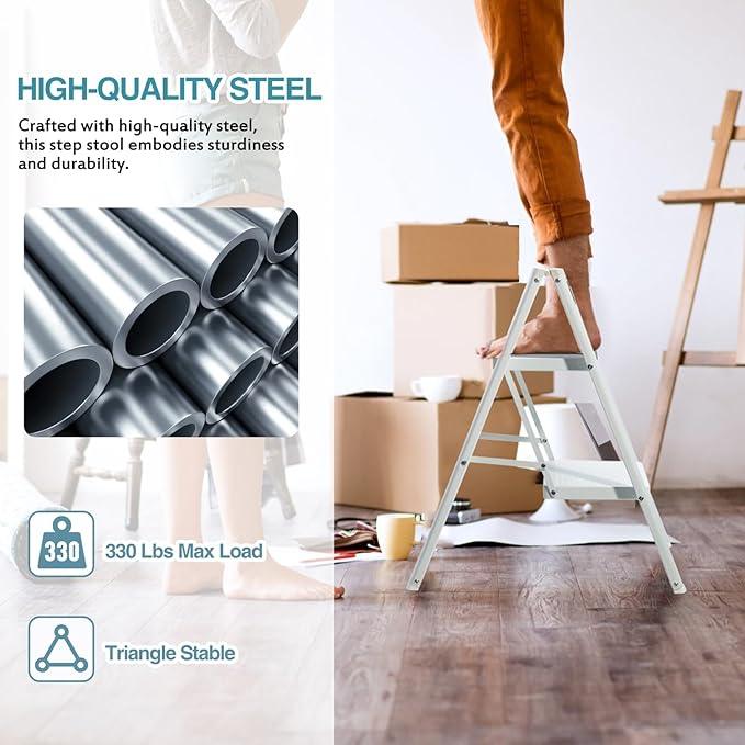 Lightweight Portable Foldable Collapsible Folding Sturdy Steel Metal Step Stool with Anti-Slip Wide Pedal, Heavy Duty 330 lbs Capacity, for Home, Kitchen, Closet, Adults, White - Ouch Cart
