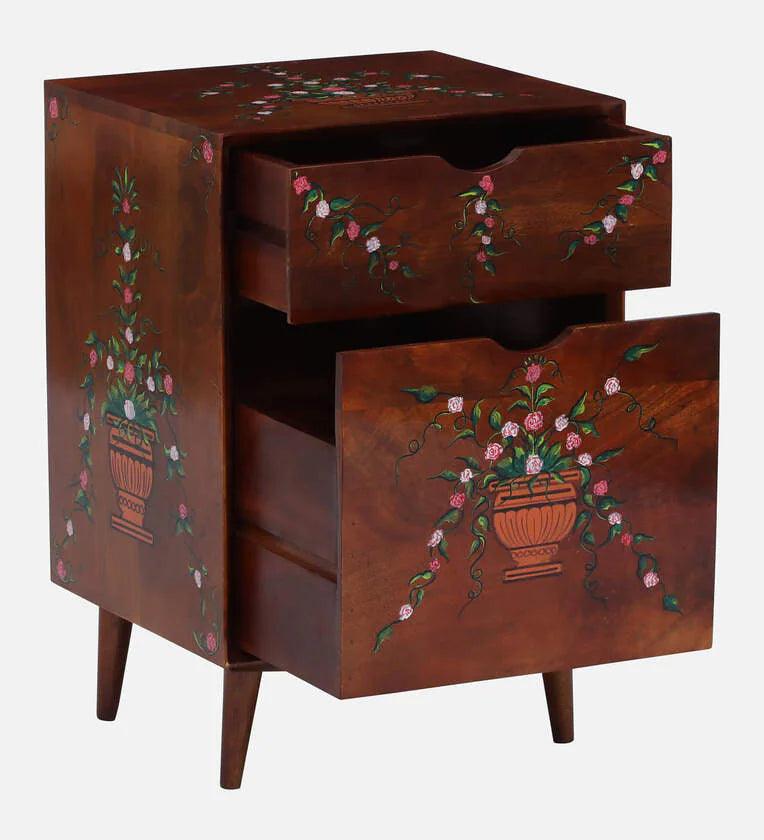 Solid Wood Bedside Table In Hand-Painted Multicolour With Premium Gloss finish - Ouch Cart