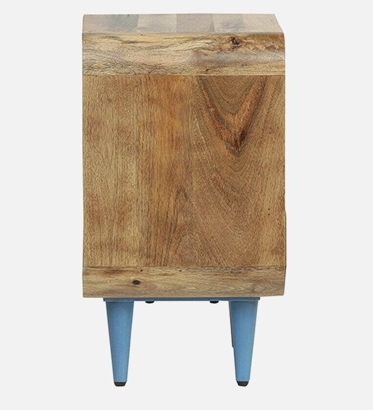 Solid Wood Bedside Table In Blue Colour With Drawers - Ouch Cart