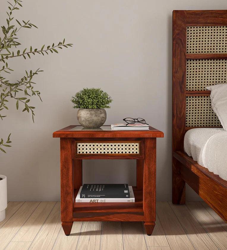 Sheesham Wood Bedside Table In Honey Oak & Cane Finish - Ouch Cart