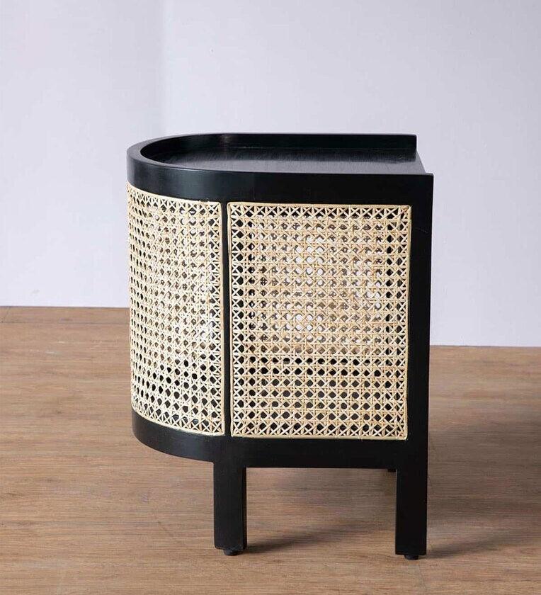 Wicker Solid Wood Bedside Table In Black Finish - Ouch Cart