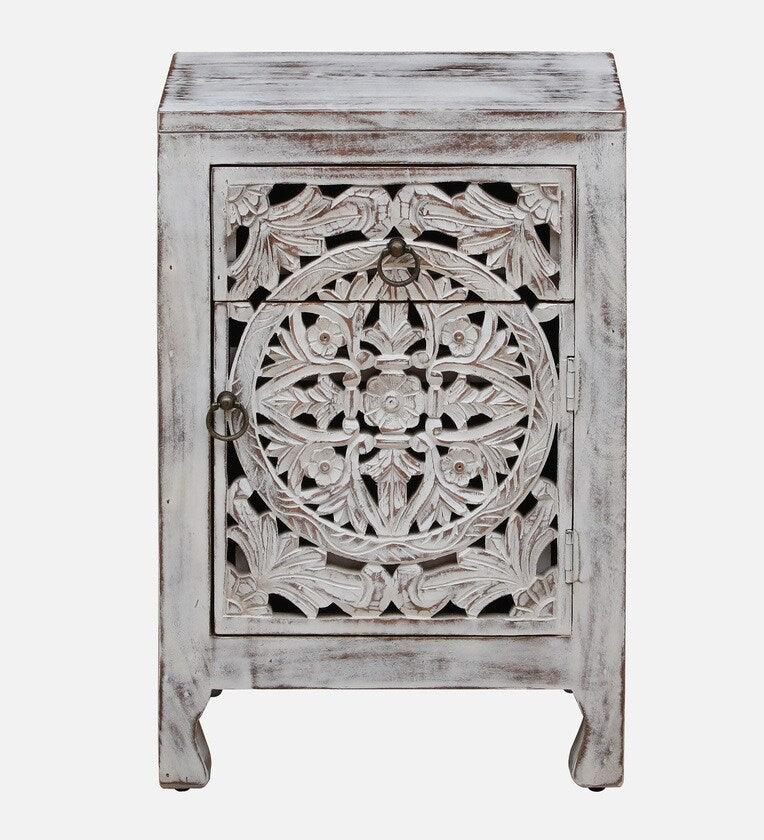 Solid Wood Bedside Table In White Distress Finish - Ouch Cart