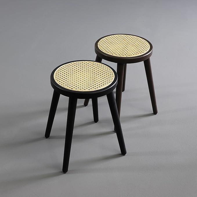 Rattan Stool, Small Rattan Stool, Handcrafted Wood Stool, Lightweight Stool, Hand-Woven Rattan, No Tool Assembly (Round, Brown) - Ouch Cart