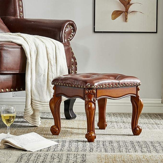Small Foot Stool with Fiber Leather Wooden Foot Rest Upholstered Footrest for Living Room Bedroom - Ouch Cart