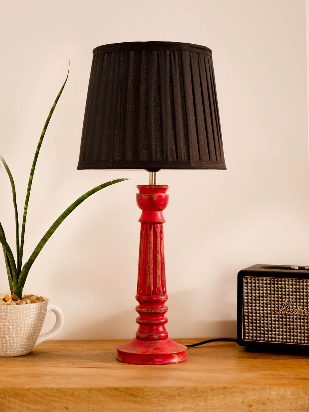 Wooden Pillar Pink lamp with pleeted Black Soft Shade - Ouch Cart
