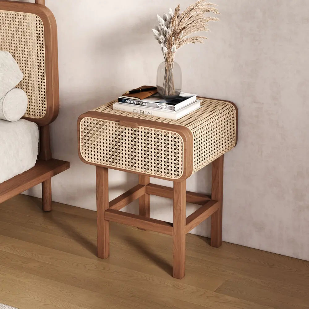 Modern Rattan Wooden Bedside Table with Cane Drawer Ouch Cart