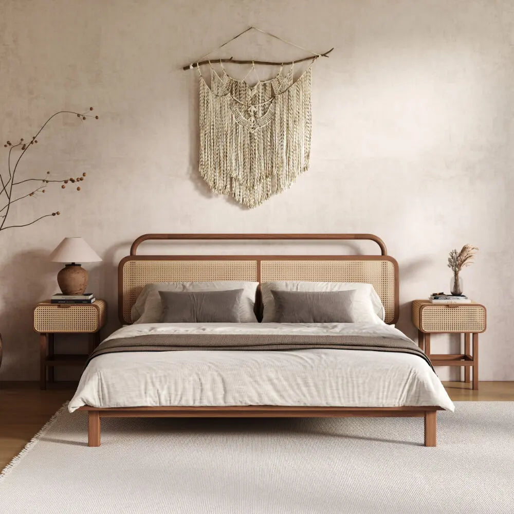 Modern Rattan Wooden Bedside Table with Cane Drawer Ouch Cart