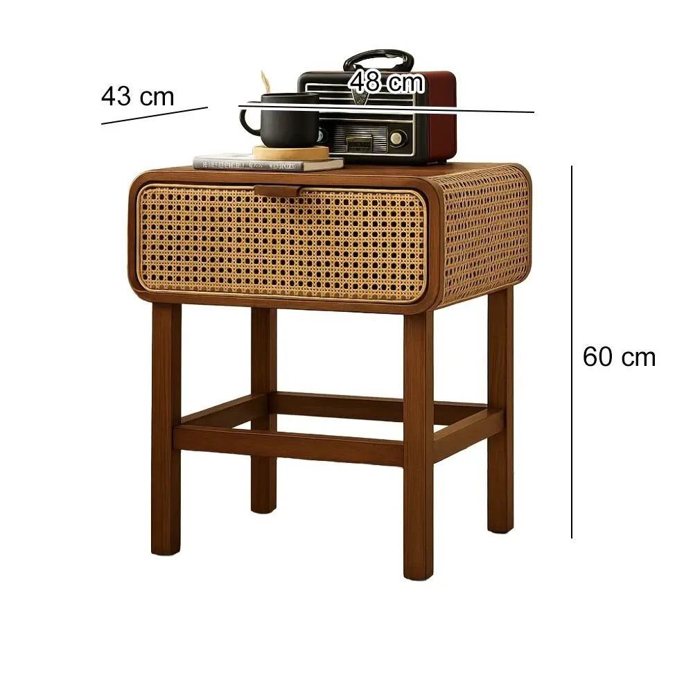 Modern Rattan Wooden Bedside Table with Cane Drawer