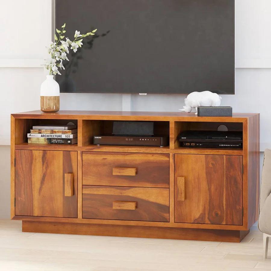 BAARA SOLID WOOD TV MEDIA STAND WITH DRAWERS - Ouch Cart