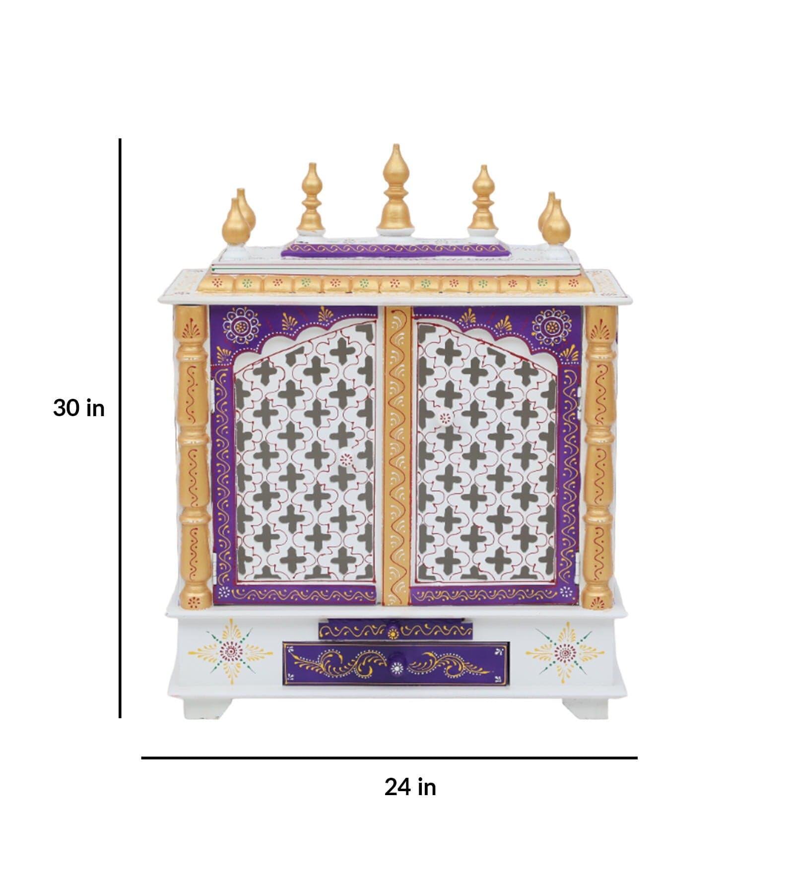 Red And White Mango Wood & MDF Pooja Mandir With Door, - Ouch Cart