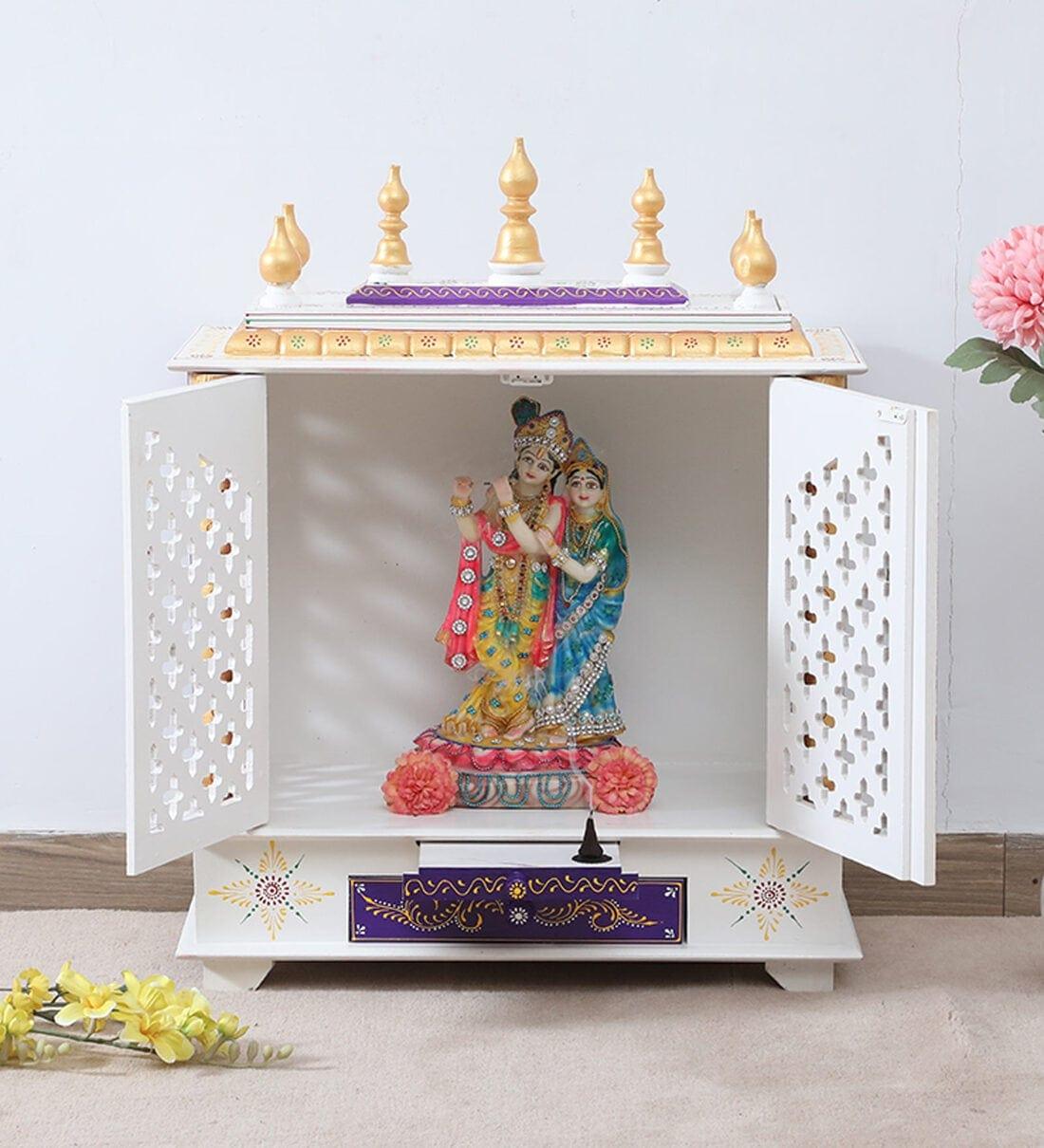 Red And White Mango Wood & MDF Pooja Mandir With Door, - Ouch Cart