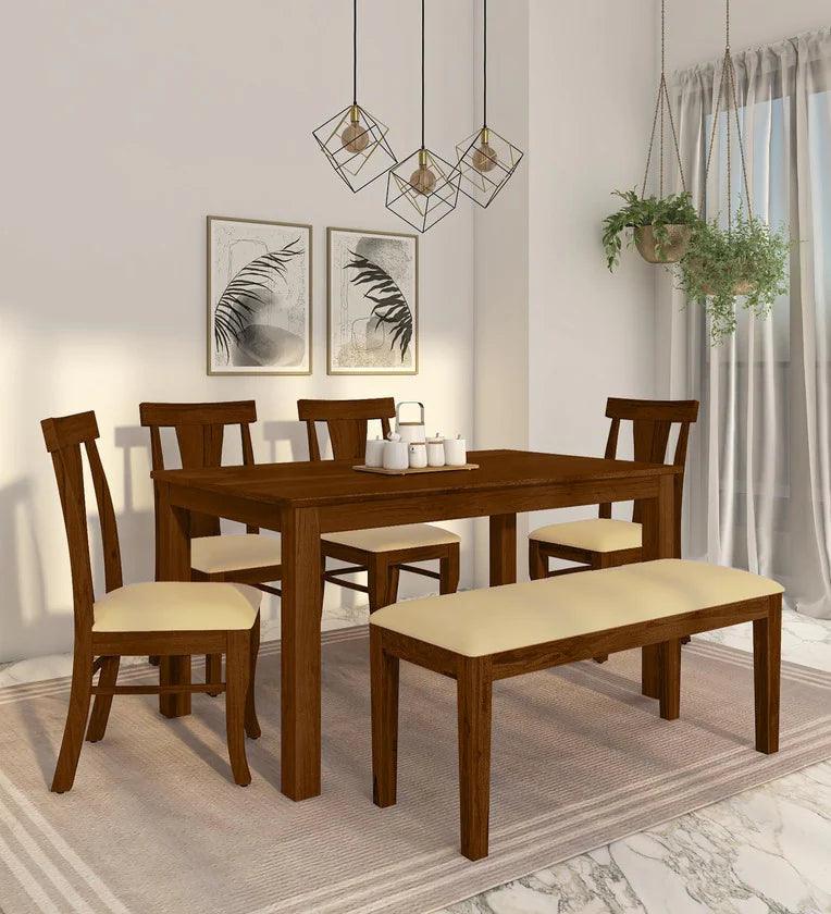 Sheesham Wood 6 Seater Dining Set In Provincial Teak Finish With Bench - Ouch Cart