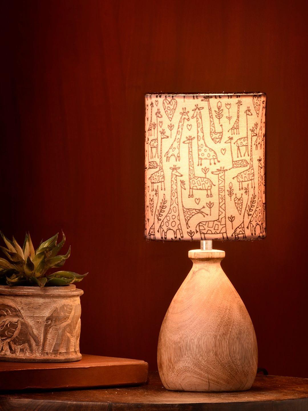 Wooden Dome Table Lamp Animal Printed Shade - Main Image