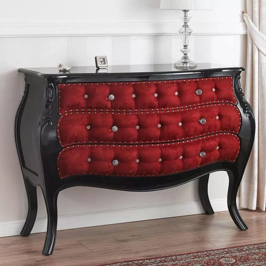 Dresser Brilliant French Baroque style chest of drawers rounded gold leaf faux leather champagne knobs buttons crystal Sw - Ouch Cart