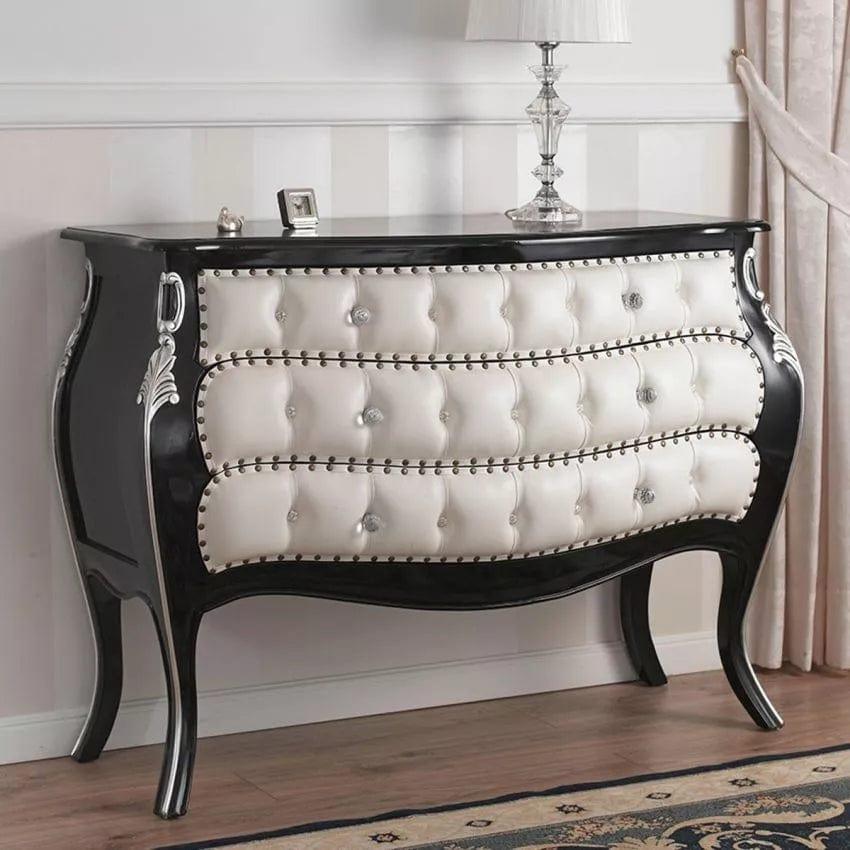 Dresser Brilliant French Baroque style chest of drawers rounded gold leaf faux leather champagne knobs buttons crystal Sw - Ouch Cart