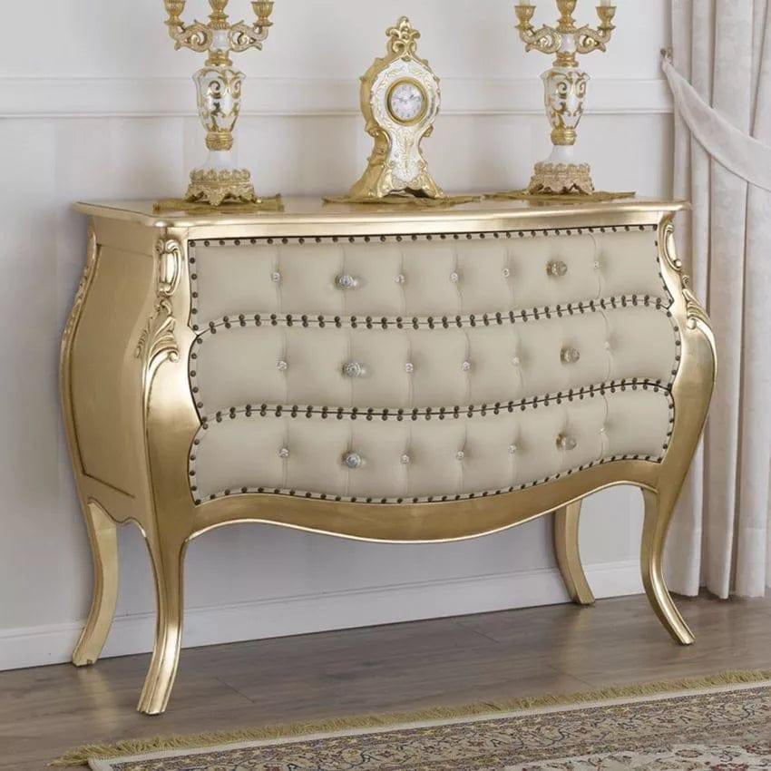 Dresser Brilliant French Baroque style chest of drawers rounded gold leaf faux leather champagne knobs buttons crystal Sw - Ouch Cart