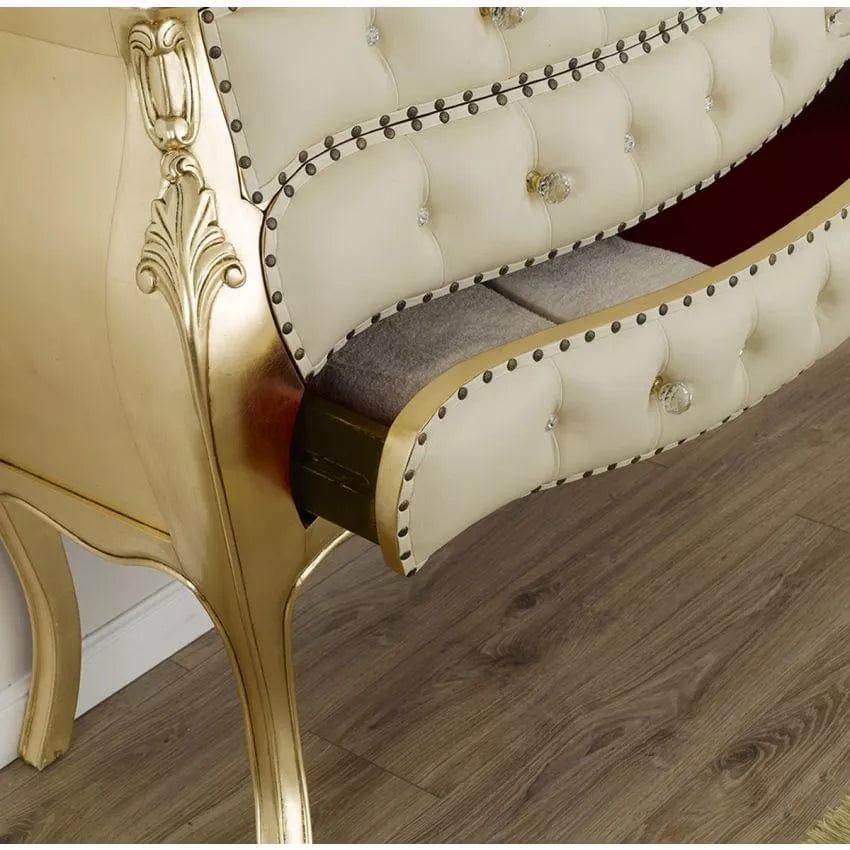 Dresser Brilliant French Baroque style chest of drawers rounded gold leaf faux leather champagne knobs buttons crystal Sw - Ouch Cart