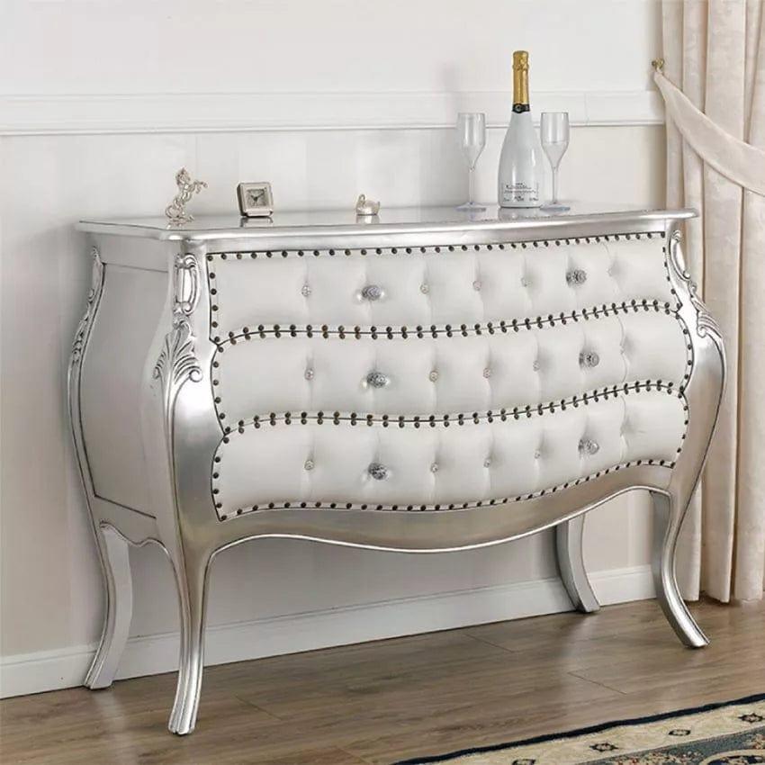 Dresser Brilliant French Baroque style chest of drawers rounded gold leaf faux leather champagne knobs buttons crystal Sw - Ouch Cart