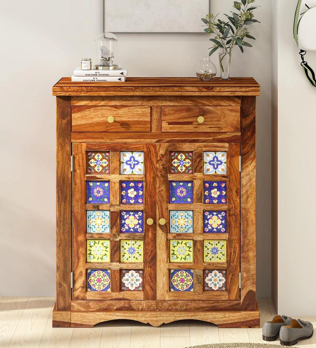 Siramika Sheesham Wood Shoe Cabinet In Rustic Teak Finish, - Ouch Cart
