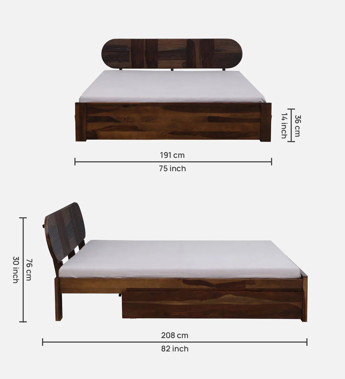 Sheesham Wood King Size Bed With Drawer Storage In Scratch Resistant Teak Finish
