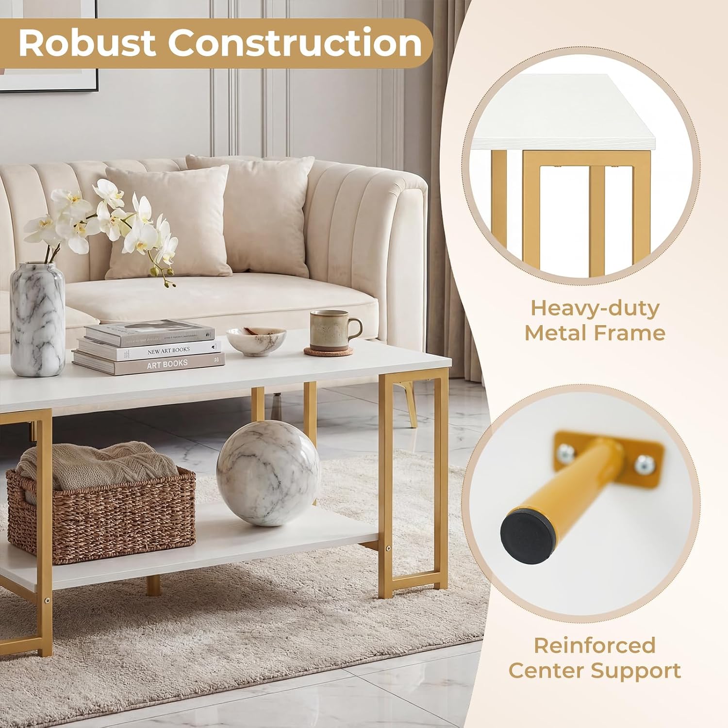 2-Tier Coffee Table with Storage, 39.5" Center Table, Gold & White/Coffee Table-Ouch Cart