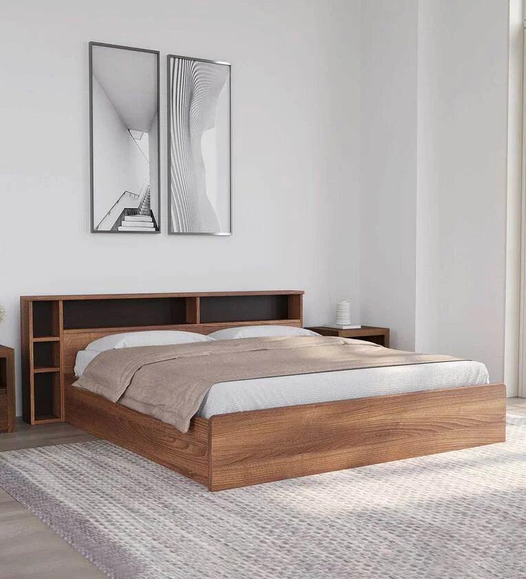 King Size Bed in Classic Walnut Finish with Box Storage - Ouch Cart