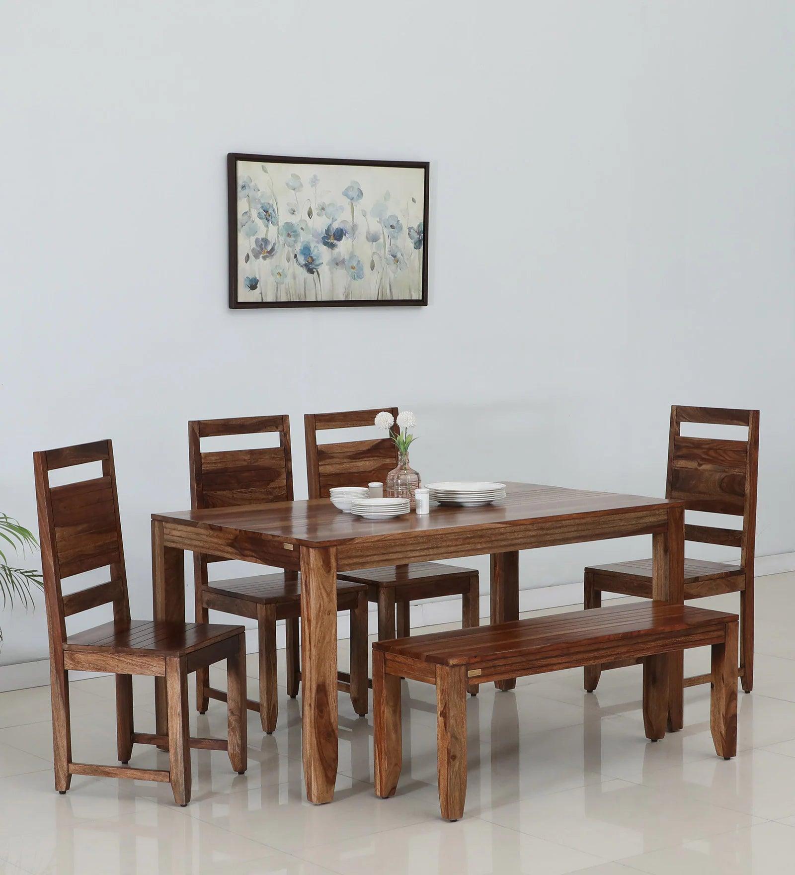 Solid Wood 6 Seater Dining Set in Scratch Resistant Rustic Teak Finish with Bench - Ouch Cart