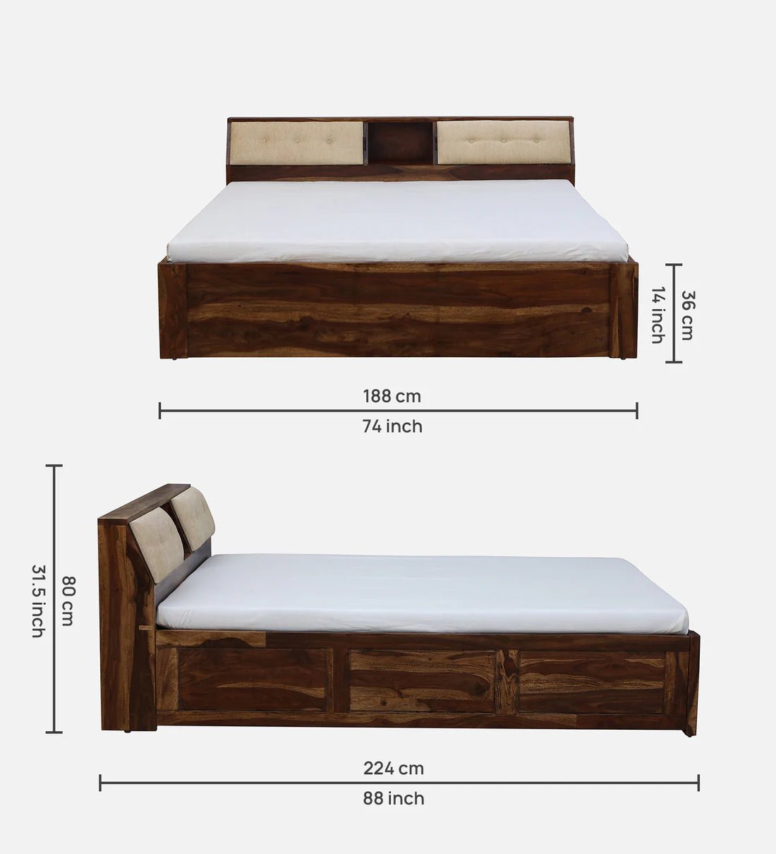 Sheesham Wood King Size Bed In Scratch Resistant Rustic Teak Finish With Box Storage