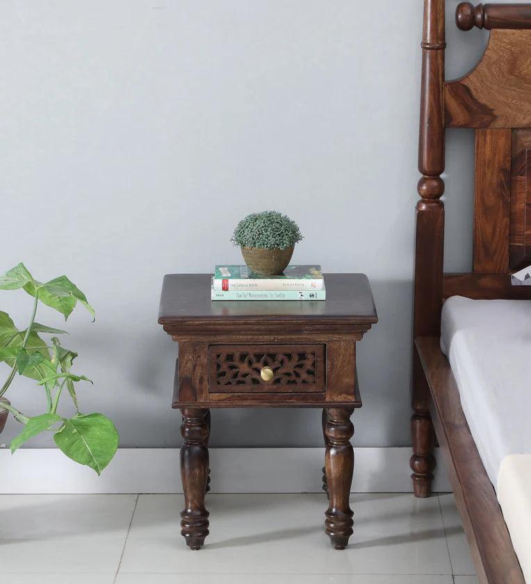 Sheesham Wood Bedside Table In Provincial Teak With Drawer - Ouch Cart