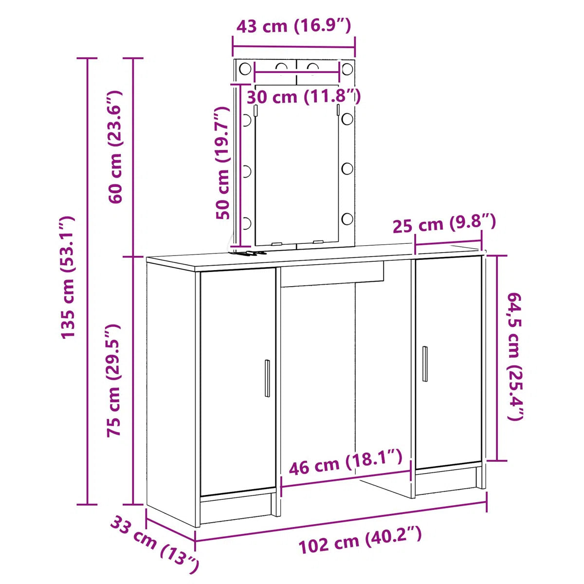 Brown Oak vidaXL Makeup Vanity with LED Lights – Dressing Table 102x33x135 cm - OUCH CART |Dressing table