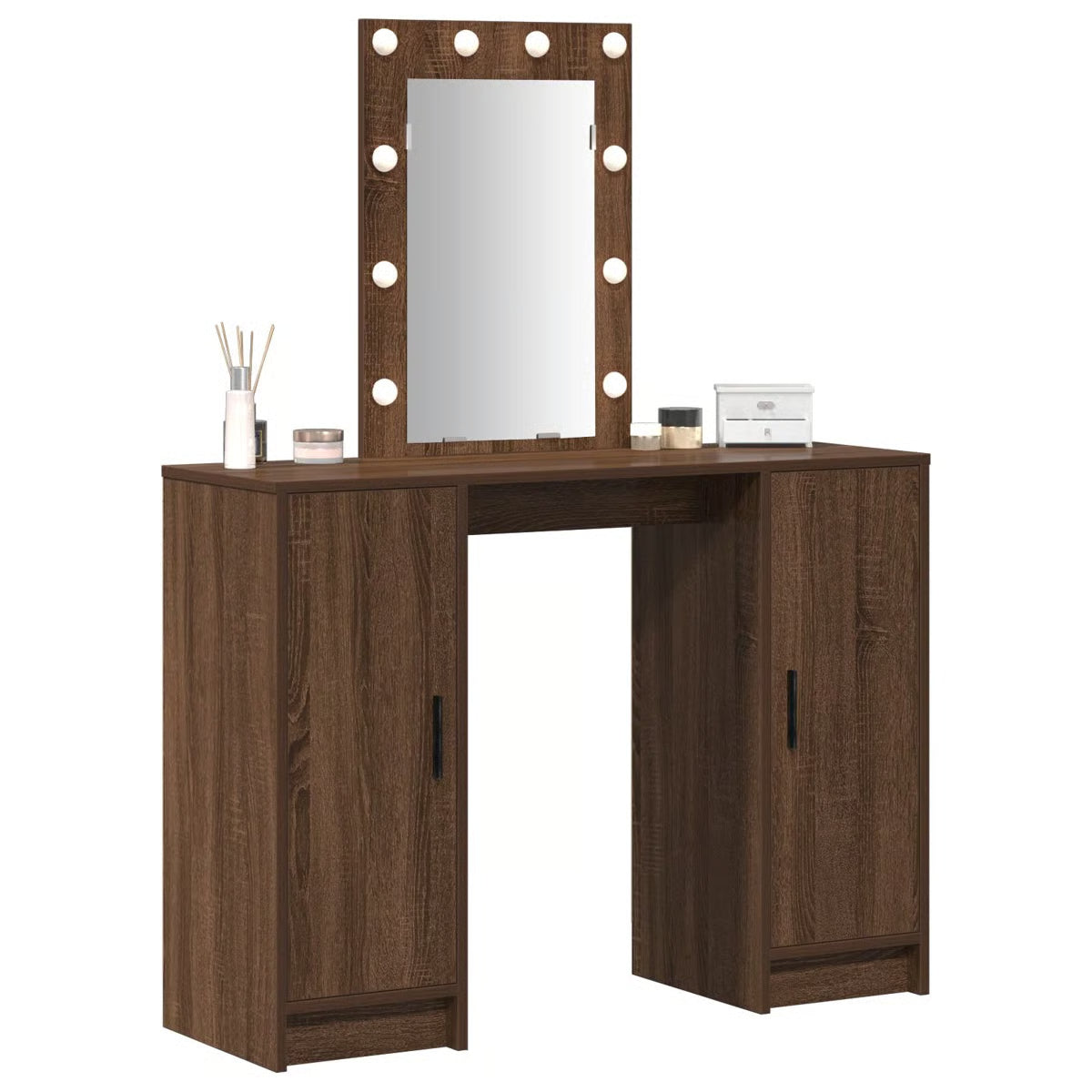Brown Oak vidaXL Makeup Vanity with LED Lights – Dressing Table 102x33x135 cm