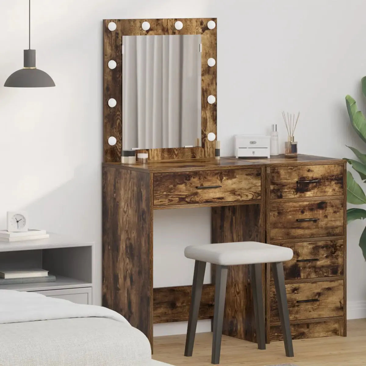 LED Lighted Dressing Table by vidaXL – Smoked Oak Makeup Vanity 19.7"x16.1"x53.1