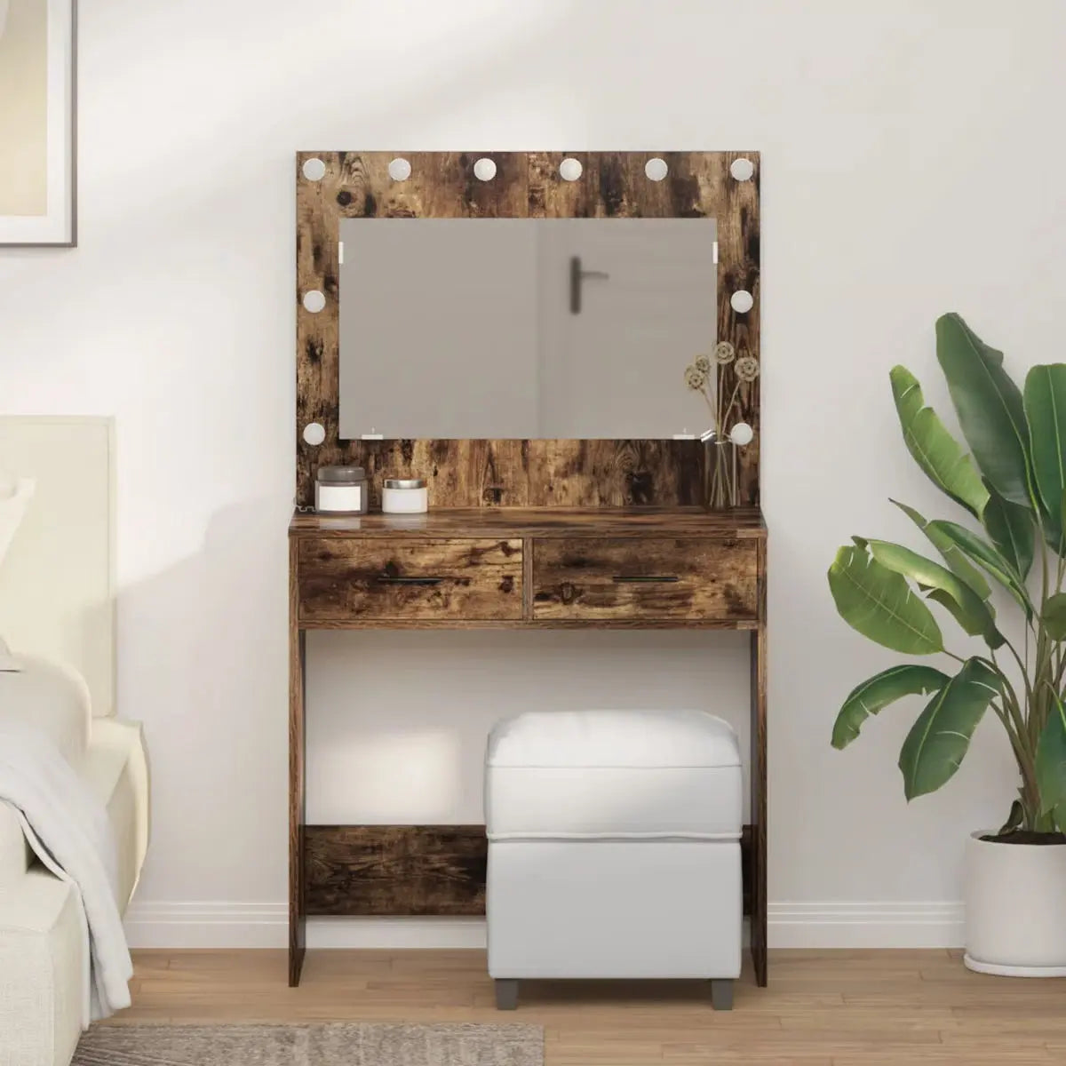Smoked Oak vidaXL Makeup Vanity with LED Lights – Dressing Table 30.9"x16.1"x53.1-OUCH CART |Dressing table