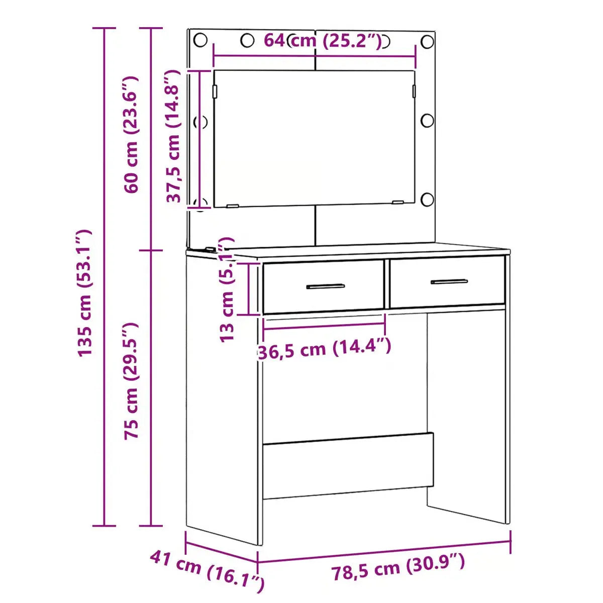Smoked Oak vidaXL Makeup Vanity with LED Lights – Dressing Table 30.9"x16.1"x53.1-OUCH CART |Dressing table