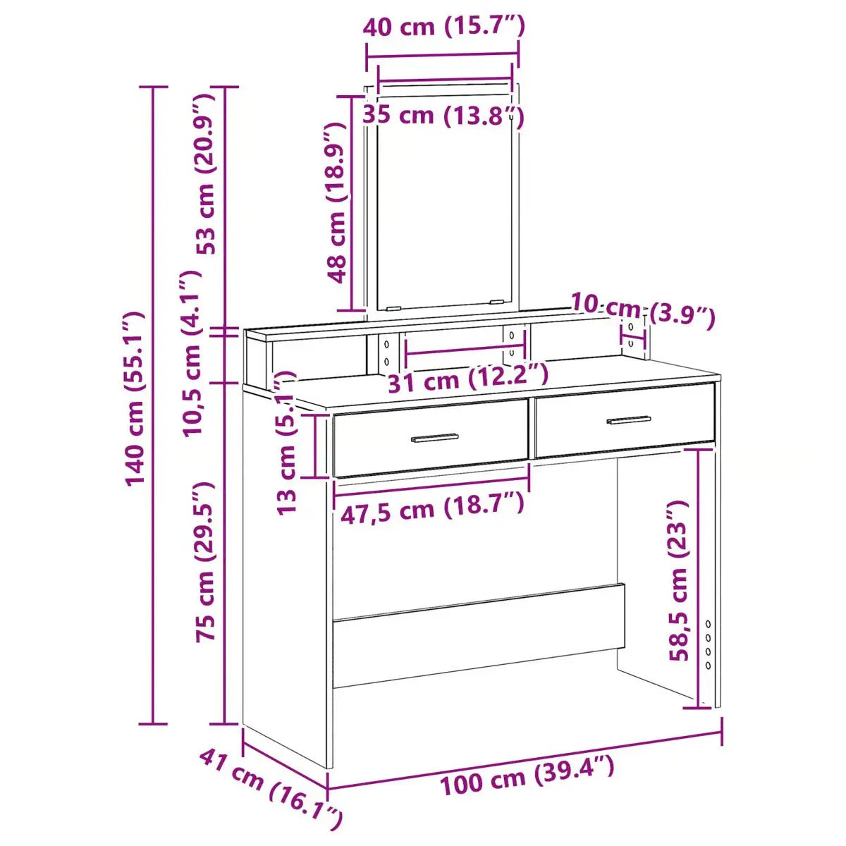 Modern White vidaXL Vanity Desk – Engineered Wood Dressing Table 39.4"x16.1"x55.1