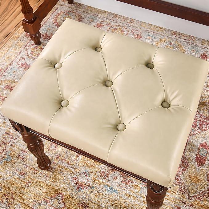 Piano Bench with Solid Wood Carving Legs, Home Chairs Button Breathing Leather Upholstered Seat, Easy Assembly, Cherry Walnut Leg & Beige FD1533BG - Ouch Cart