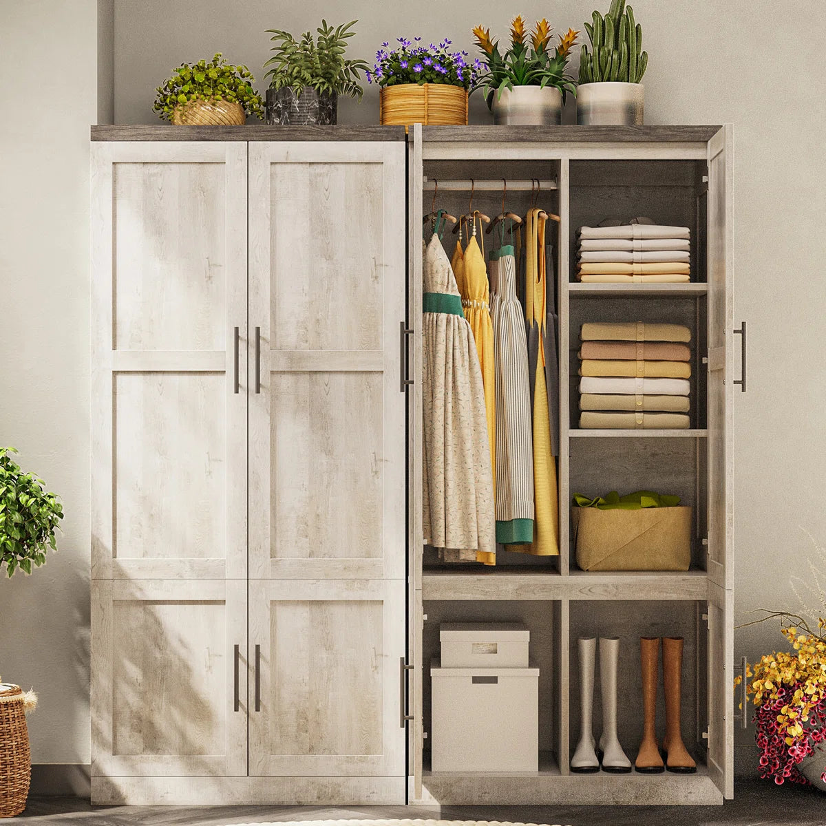 Sturdy 2-Door Wardrobe Closet with Hanging Rod and Spacious Interior OUCH CART